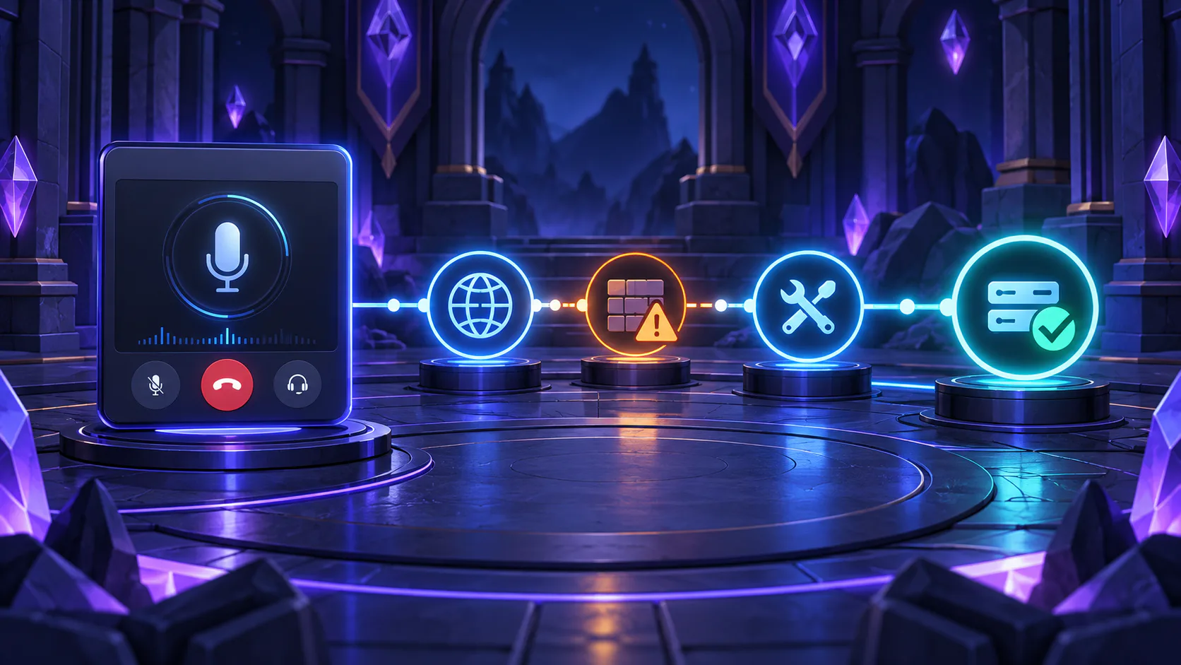Editorial illustration of a Discord-style voice connection following a broken network route through troubleshooting to a successful check