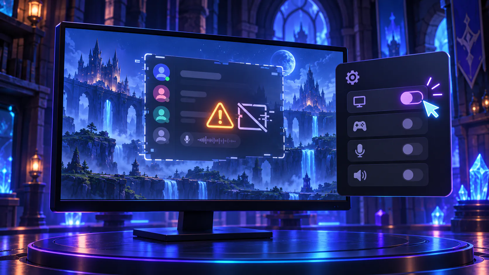 Discord-like game window with a failed overlay warning and disabled overlay controls