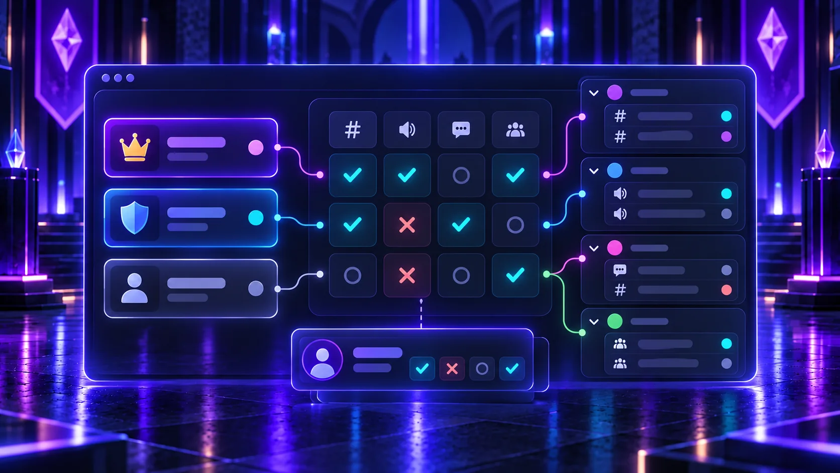 Permission matrix connecting member roles to channel access with allow, neutral, and deny indicators