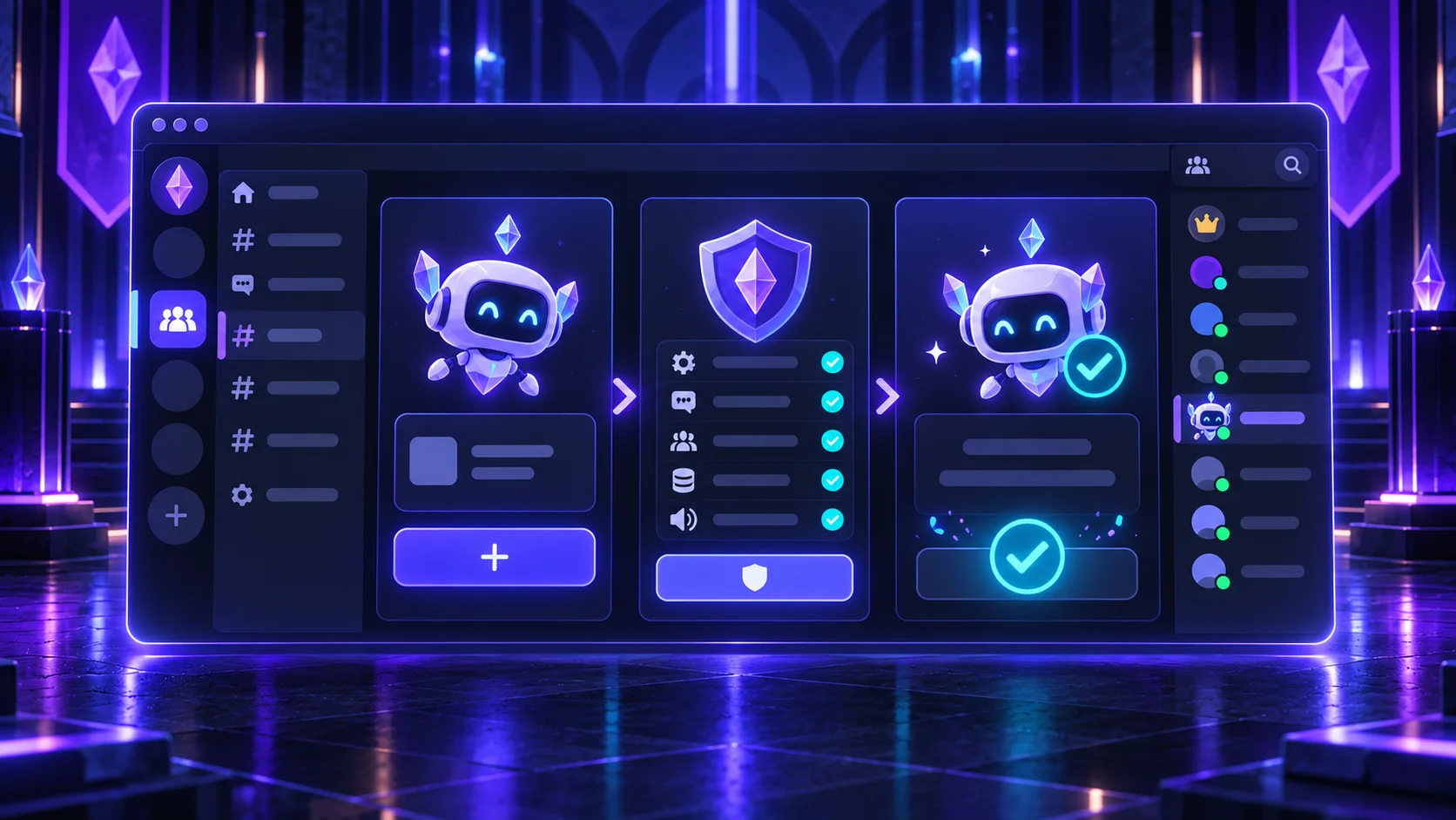 Editorial illustration of a Discord-style app moving through permission review and authorization before joining a server