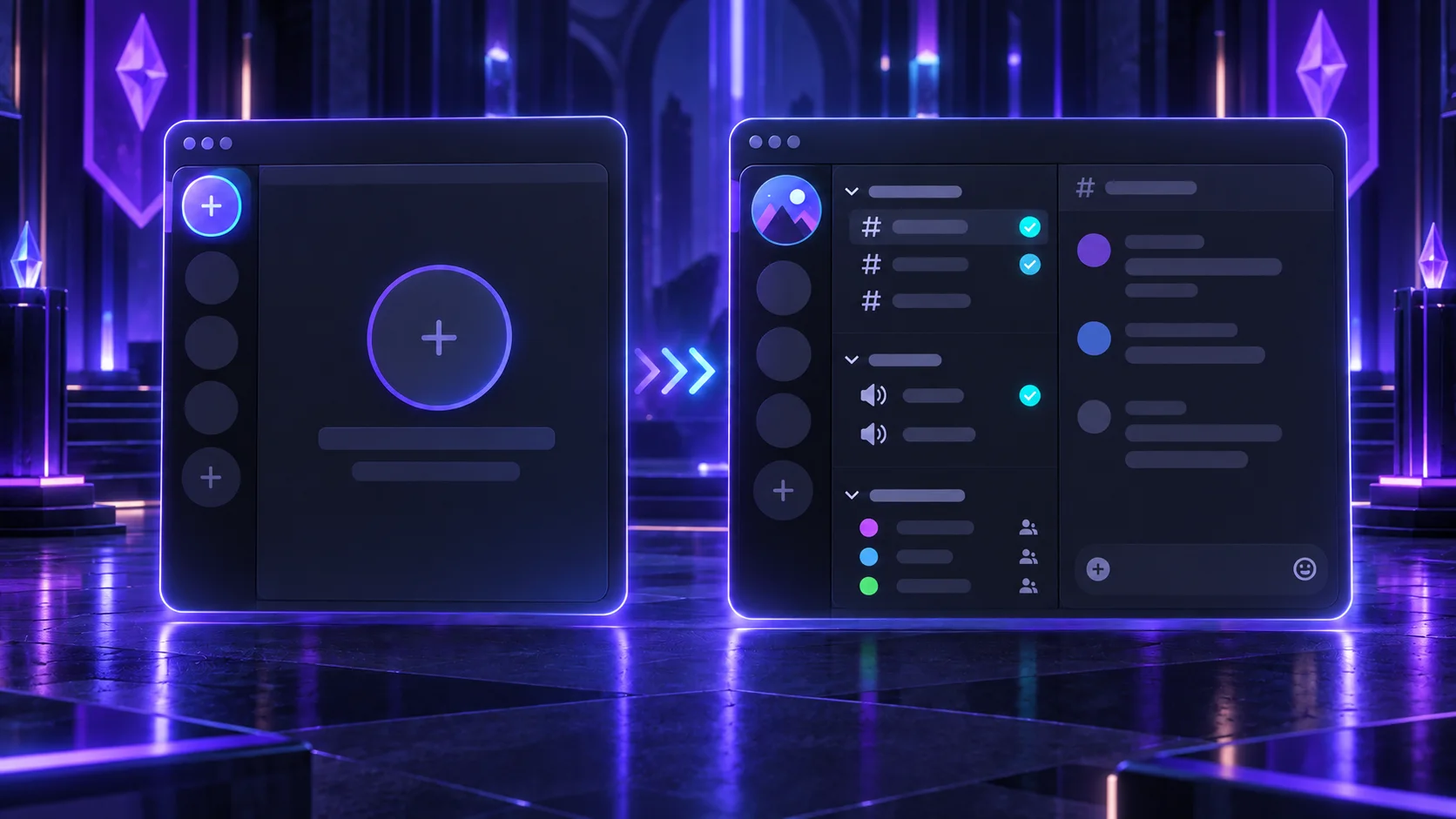 Editorial illustration of a new Discord server moving from an empty setup to an organized channel list with completion checkmarks