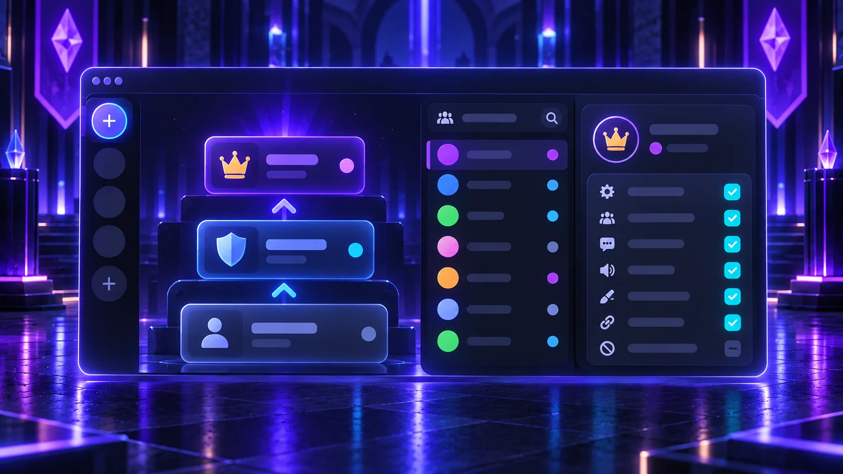 Organized community dashboard with stacked member, moderator, and administrator roles plus a permissions checklist